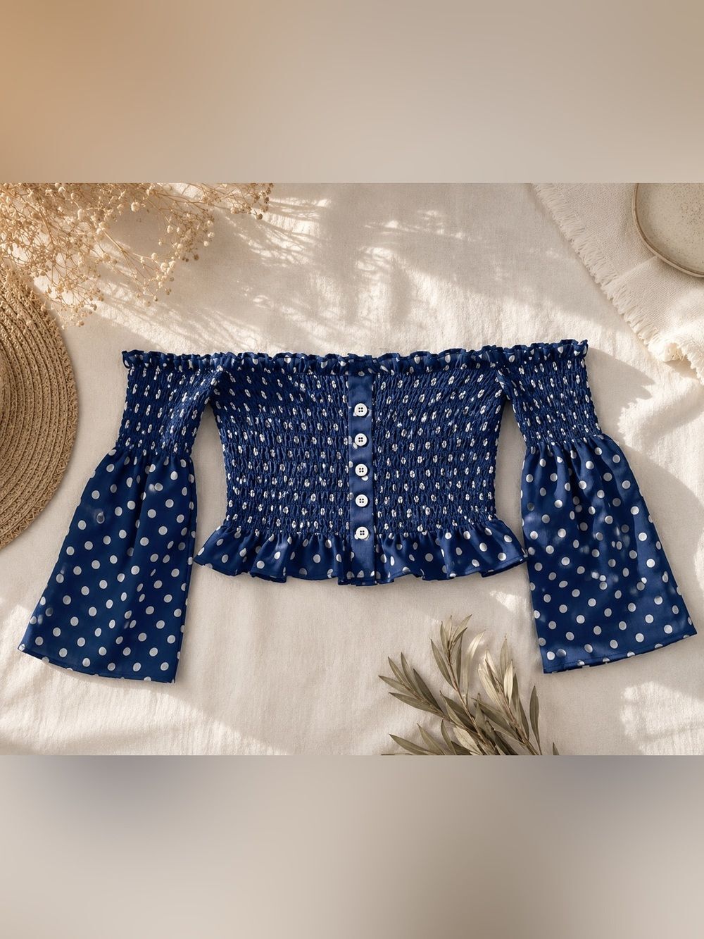 Skylar + Madison Navy Blue Polka Dot Off-Shoulder Smocked Crop Top